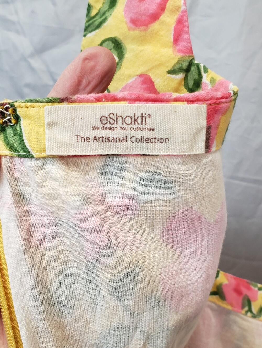 eShakti Yellow Pink Floral Ruched Empire Waist Midi Dress Pockets - Picture 6 of 11